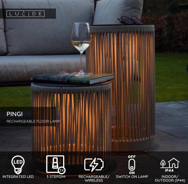 Lucide PINGI Akku-Stehlampe LED Outdoor IP44 Taupe 3-Stufen-Dim