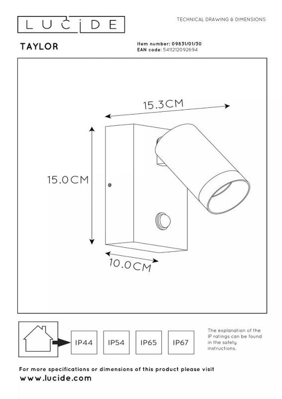 Lucide TAYLOR – Wandstrahler / Wandleuchte Innen & Außen – 1x GU10 – IP54 – Bewegungssensor – Schwarz