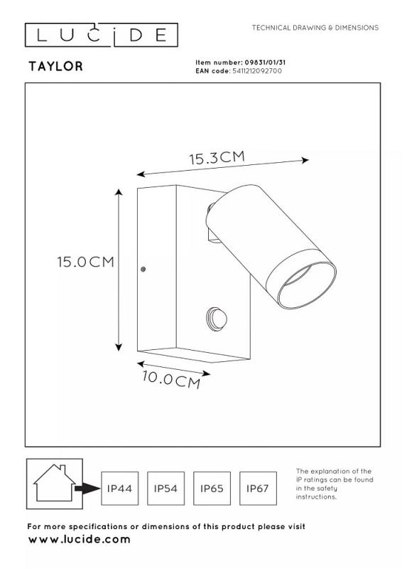 Lucide TAYLOR Wandstrahler IP54 Weiß – 1x GU10 Außenwandleuchte mit Bewegungssensor