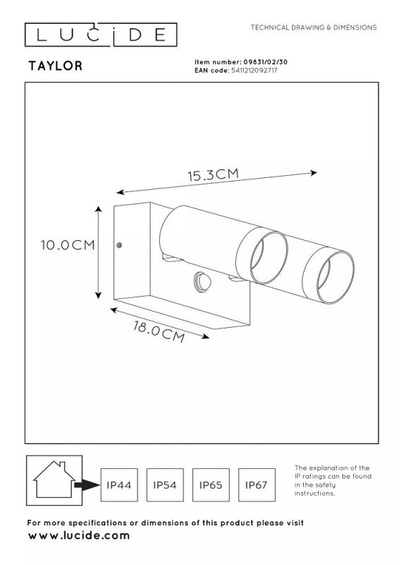 Lucide TAYLOR Wandstrahler IP54 Schwarz – 2x GU10 Außenwandleuchte mit Sensor