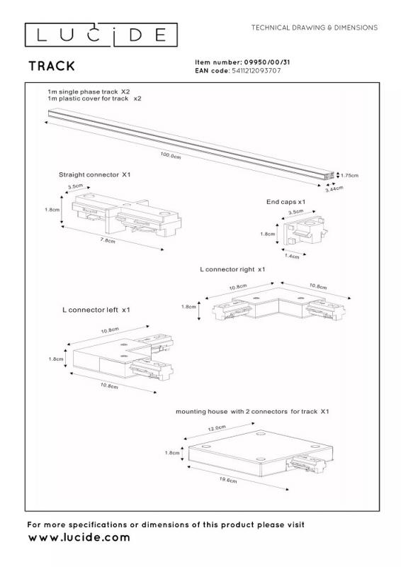 Lucide TRACK Starter-Set Schienensystem 1-Phase 2m Weiß ohne Leuchten/ Leuchtmittel