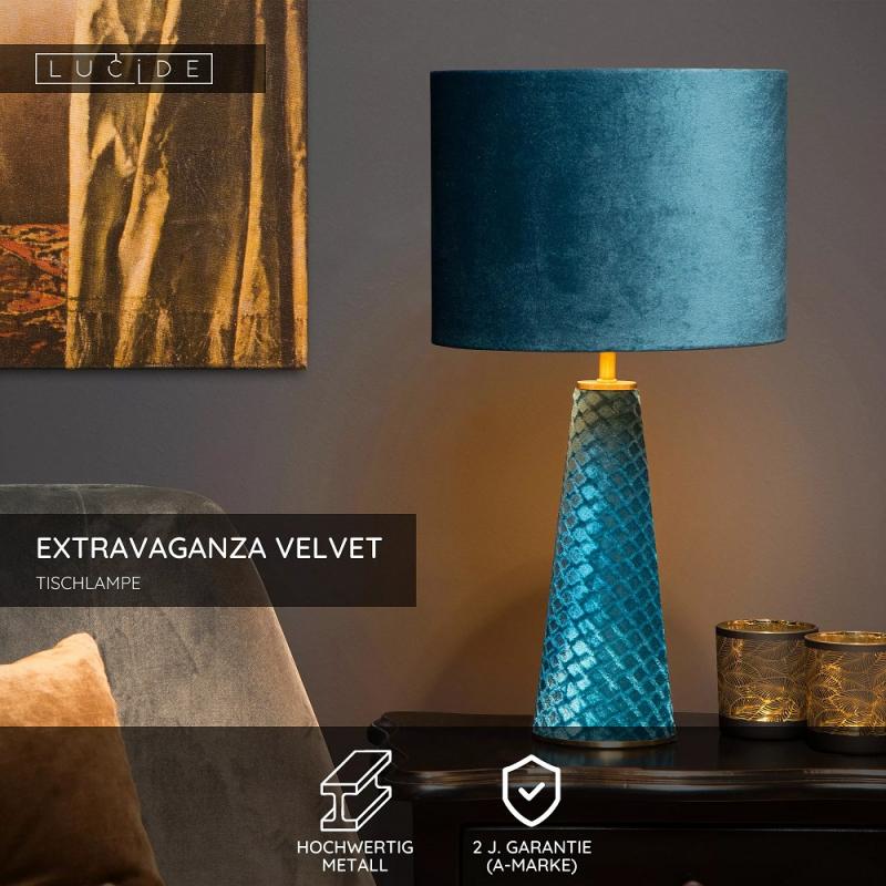 Lucide EXTRAVAGANZA VELVET Tischleuchte Ø25cm 1xE27 Türkis Retro Metall