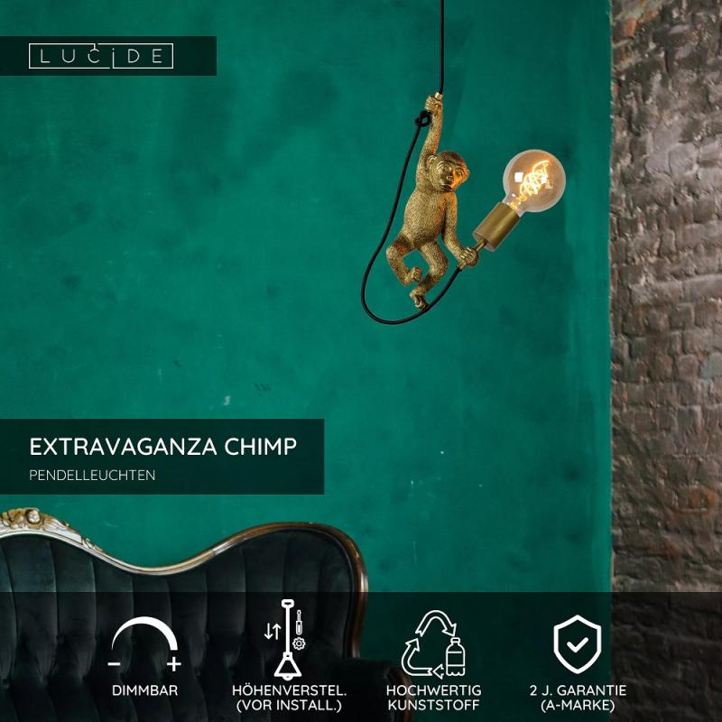 Lucide EXTRAVAGANZA CHIMP Pendelleuchte Ø17,6cm 1xE27 Schwarz Retro Tierdesign