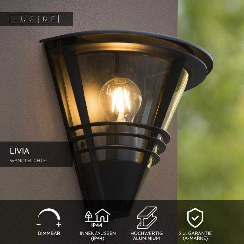 Lucide LIVIA Wandleuchte IP44 Schwarz – 1x E27 Außenwandleuchte