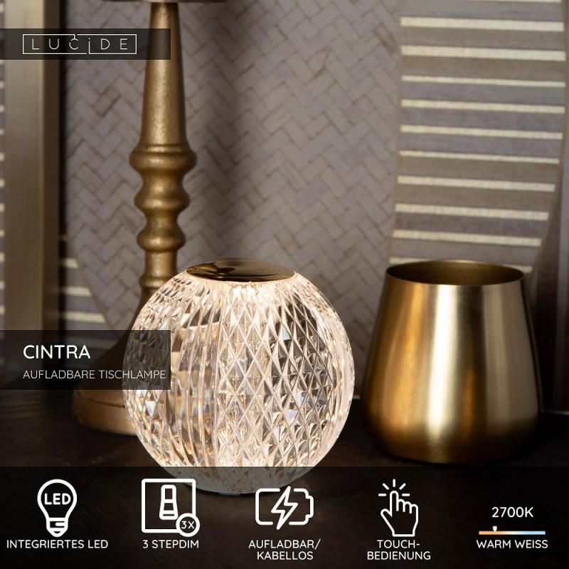 Lucide CINTRA Akku Tischlampe Ø9cm LED 1,5W 2700K Transparent 3-StepDim