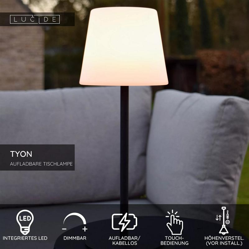 Lucide TYON – elegante Akku Tischleuchte für Innen & Außen in Schwarz mit warmweißem Licht