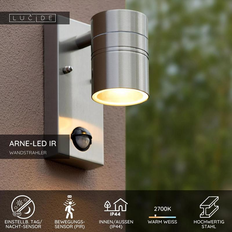Lucide ARNE LED Wandstrahler Außen GU10 Chrom Matt Sensor IP44
