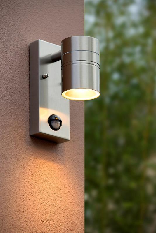 Lucide ARNE LED Wandstrahler Außen GU10 Chrom Matt Sensor IP44