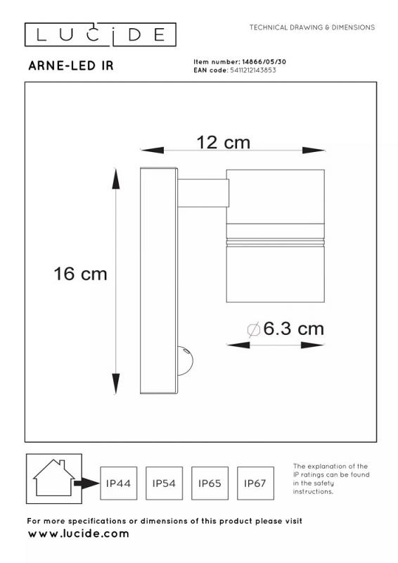 LUCIDE ARNE-LED IR Wandstrahler Außen GU10 IP44 Schwarz mit Sensor