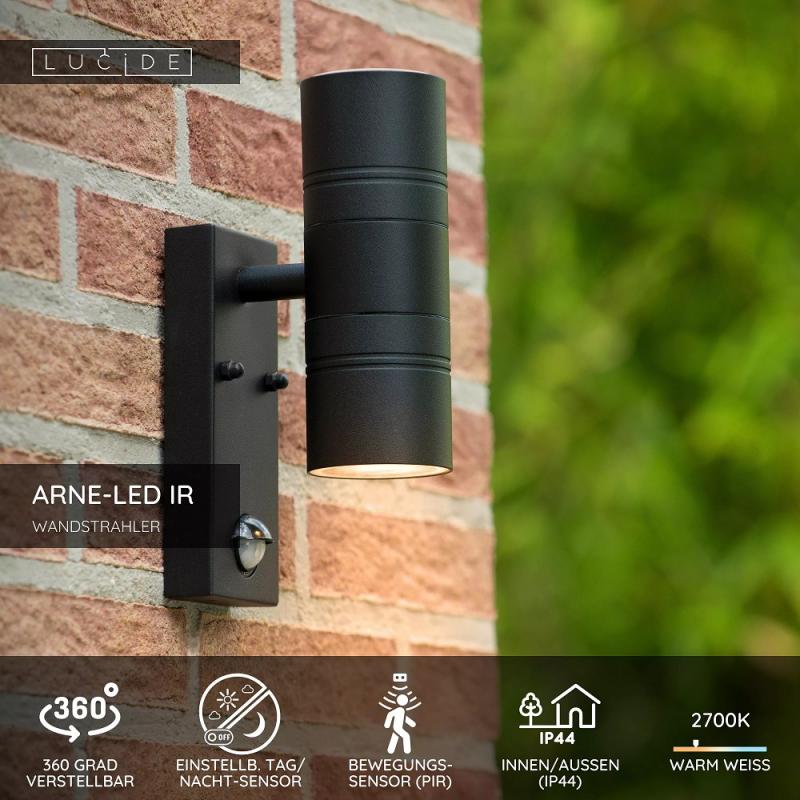 Lucide ARNE-LED IR Wandstrahler Außen Schwarz GU10 IP44 mit Sensor