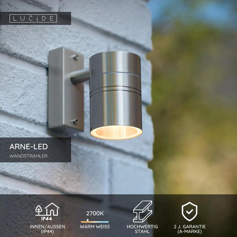 Lucide ARNE-LED – Wandstrahler / Wandleuchte Innen & Außen – Ø 6,3 cm – LED GU10 – 1x5W 2700K – IP44 – Chrom matt