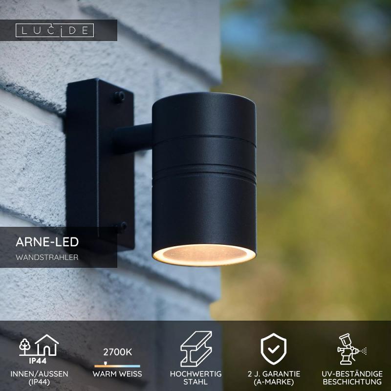 Lucide ARNE-LED Wandstrahler IP44 Schwarz – 1x GU10 LED 2700K Außenwandleuchte