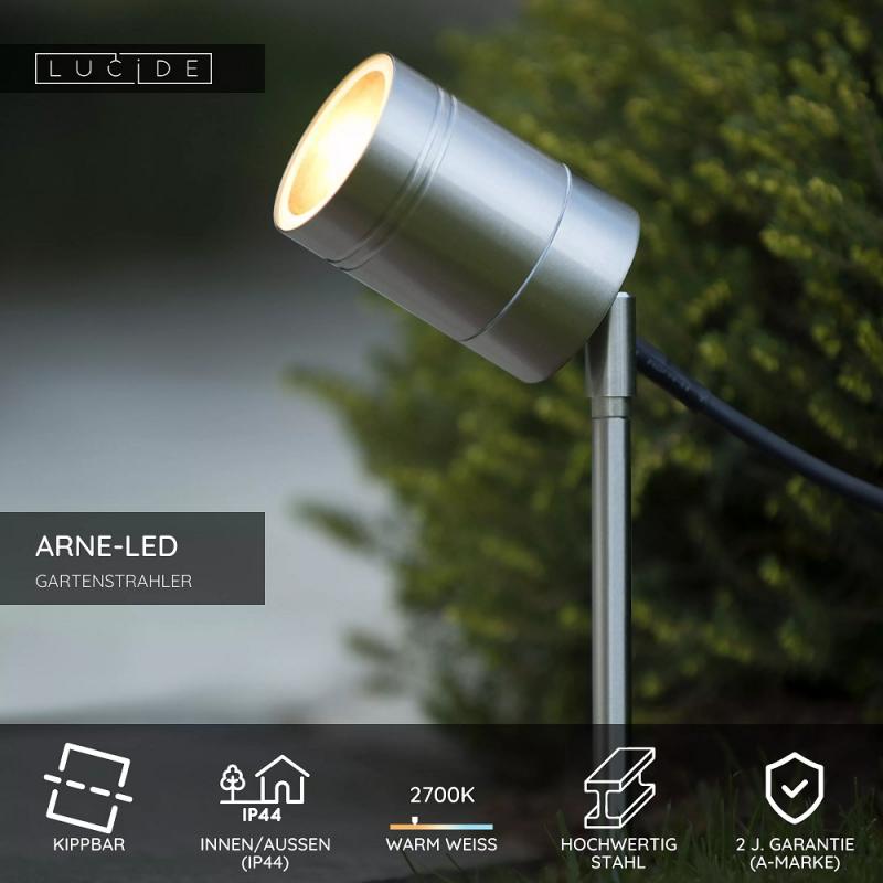 Lucide ARNE-LED Gartenstrahler Ø6,3 cm GU10 LED 5W 2700K IP44 Chrom Matt