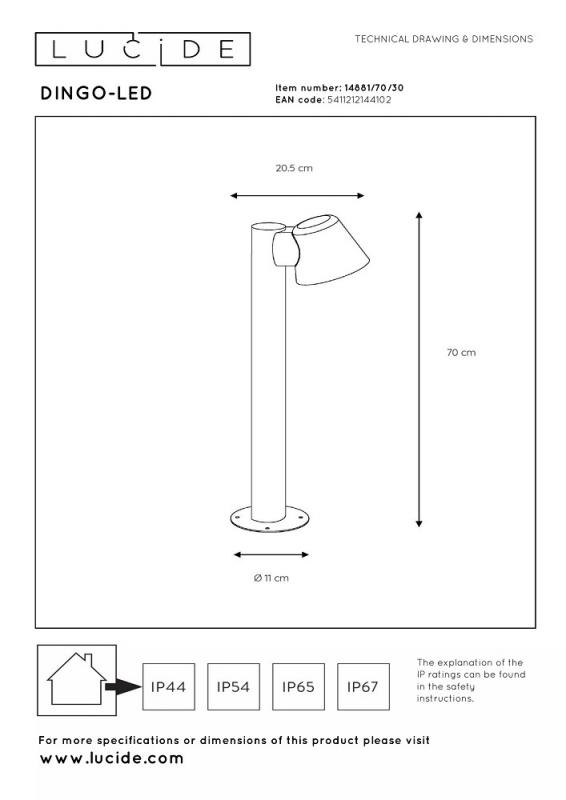 Lucide DINGO-LED Pollerleuchte 70cm GU10 5W 3000K Anthrazit IP44 dimmbar