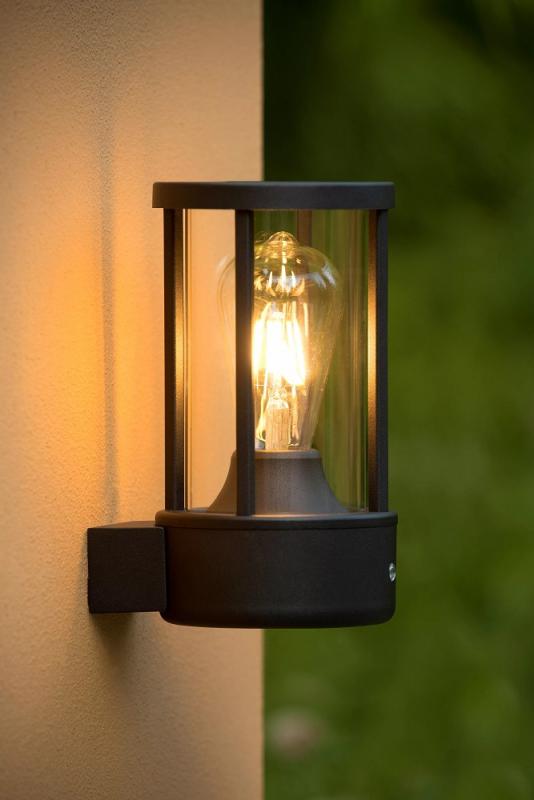 Lucide LORI – Außenwandleuchte E27 Ø12 cm IP44 Anthrazit mit Tag/Nacht-Sensor