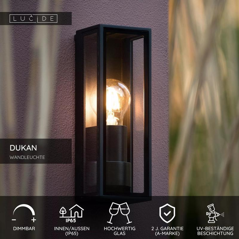 Lucide DUKAN - Wandleuchte Innen/Außen - 1xE27 - IP65 - Schwarz