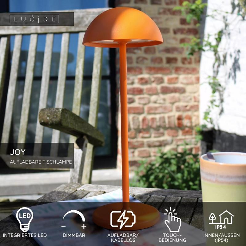 Lucide JOY – moderne Akku Tischleuchte für Innen & Außen in Orange mit warmweißem Licht