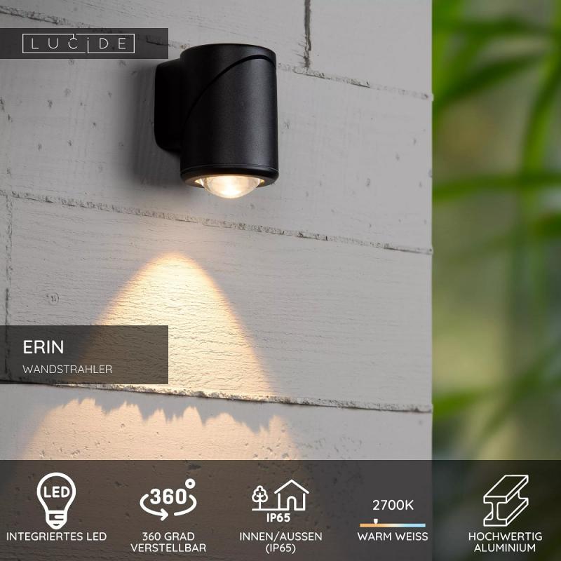 Lucide ERIN – LED Wandstrahler Außen 1x5W 2700K IP65 Schwarz