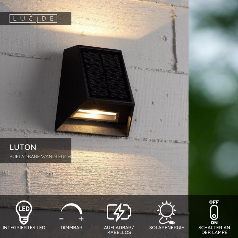 Lucide LUTON – Solar LED Außenwandleuchte 1x2W 2700K/3000K IP54 Schwarz mit Sensor