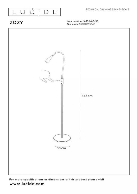 Lucide ZOZY LED Stehlampe mit Lesearm 4W 3000K 3-StepDim Schwarz modern