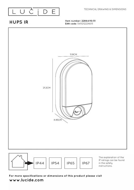 Lucide HUPS IR Außen-Wandleuchte Weiß LED 10W IP54 Bewegungs- & Tag/Nacht-Sensor