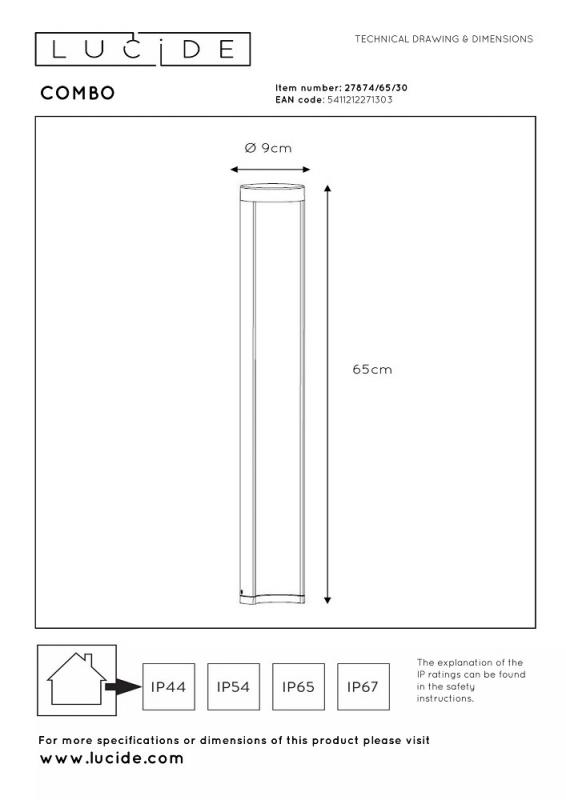 Lucide COMBO LED Pollerleuchte Schwarz – Ø9 cm, 9W, 3000K, IP54, 65 cm