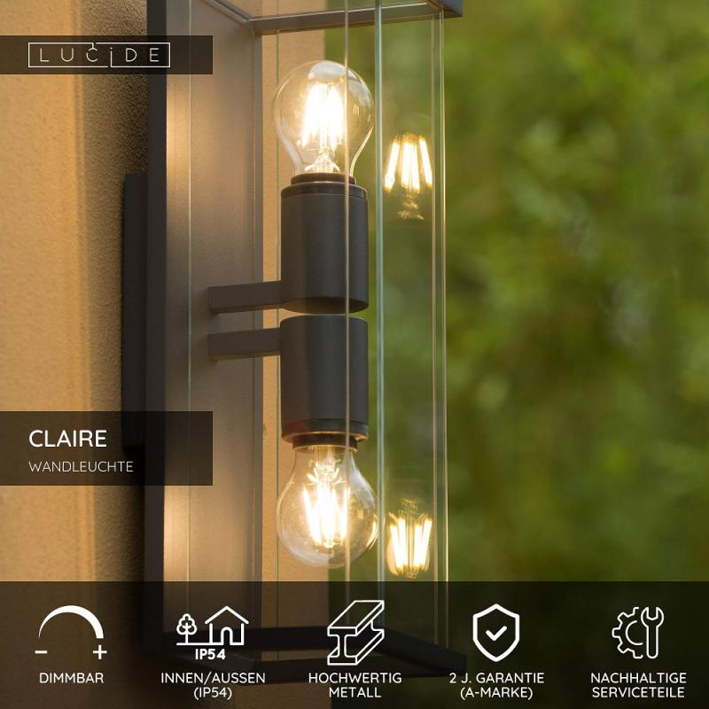 Lucide CLAIRE Wandleuchte Innen/Außen Anthrazit E27 2x IP54 Glas Metall dimmbar