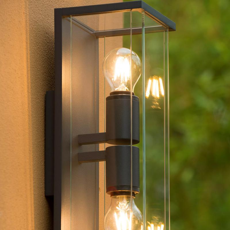 Lucide CLAIRE Wandleuchte Innen/Außen Anthrazit E27 2x IP54 Glas Metall dimmbar