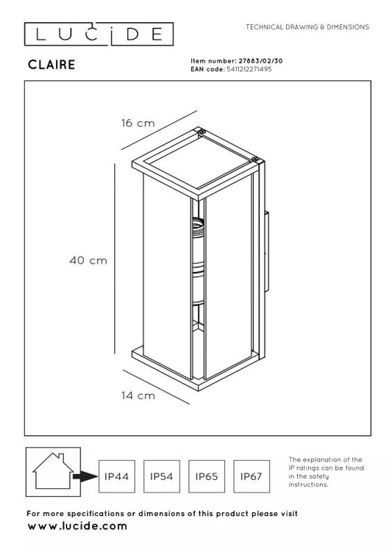 Lucide CLAIRE Wandleuchte Innen/Außen Anthrazit E27 2x IP54 Glas Metall dimmbar