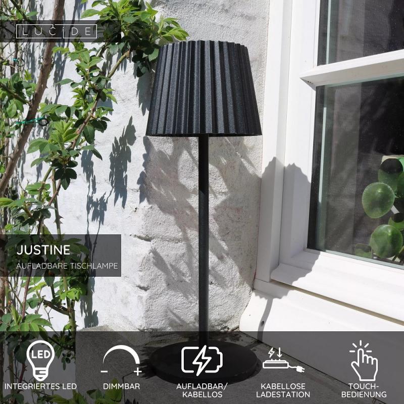 Lucide JUSTINE – moderne Akku Tischleuchte für Innen & Außen in Schwarz mit warmweißem Licht