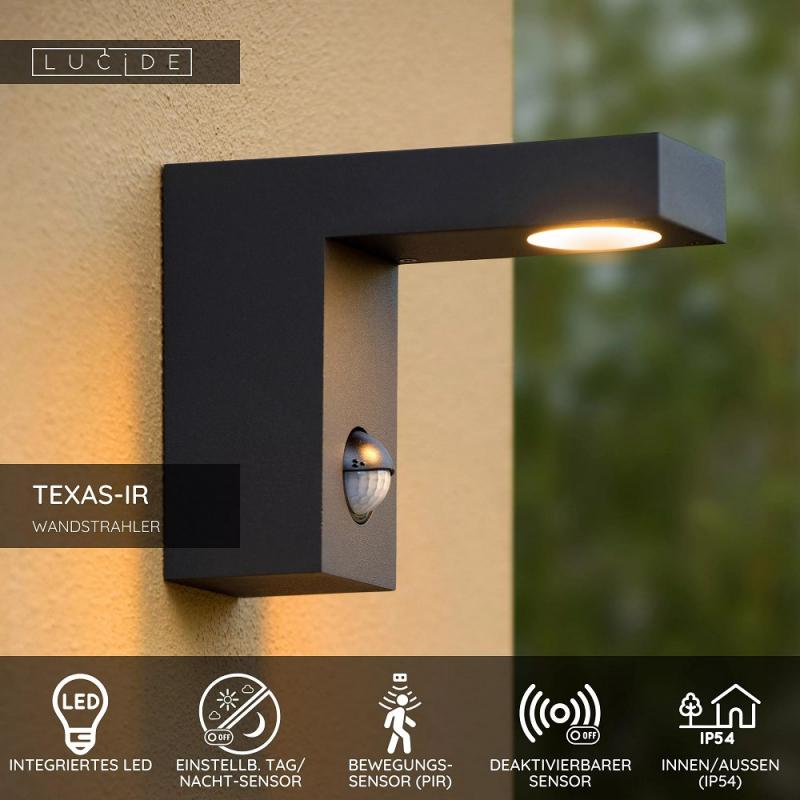 Lucide TEXAS-IR – Wandstrahler / Wandleuchte Innen & Außen – LED 7W 3000K – IP54 – Bewegung & Tag/Nacht-Sensor (abschaltbar) – Anthrazit
