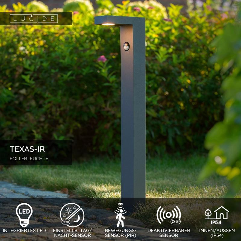 Lucide TEXAS-IR LED Pollerleuchte Anthrazit – 7W, 3000K, IP54, mit Bewegungsmelder