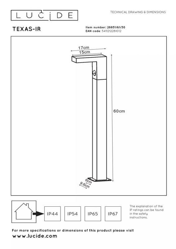 Lucide TEXAS-IR LED Pollerleuchte Anthrazit – 7W, 3000K, IP54, mit Bewegungsmelder