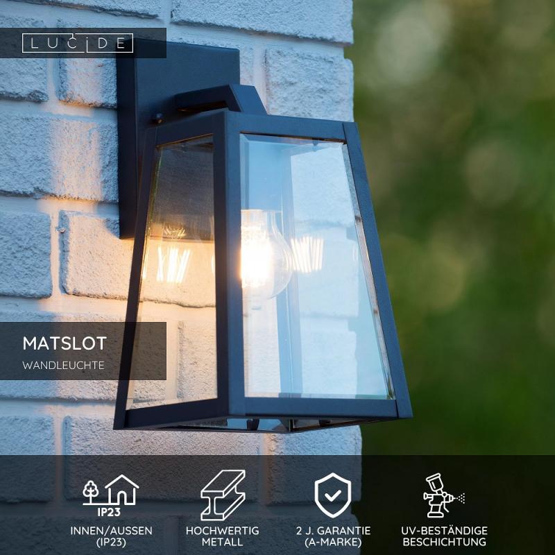 Lucide MATSLOT – Außenwandleuchte E27 IP23 Schwarz