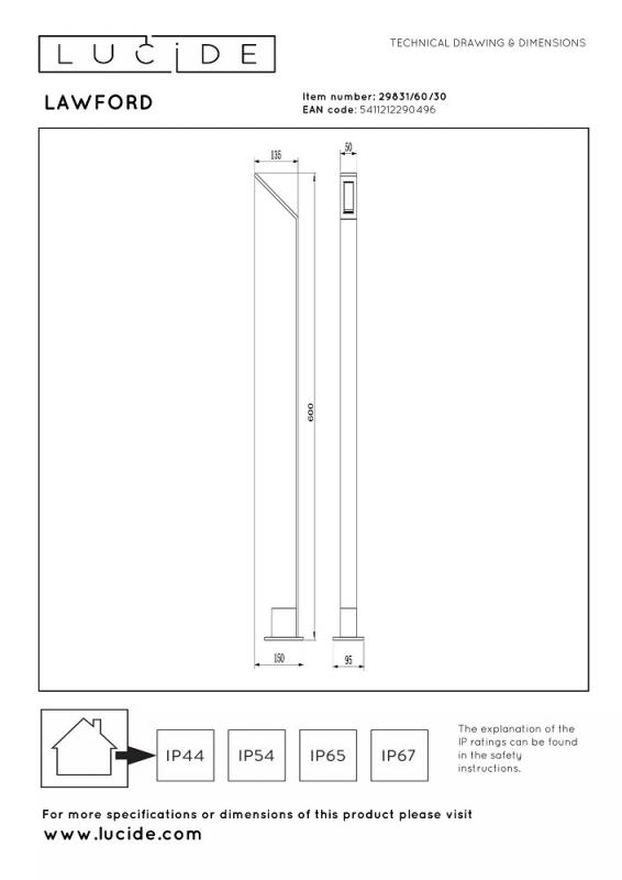 Lucide LAWFORD LED Pollerleuchte Schwarz – 6W, 3000K, IP54, 60 cm