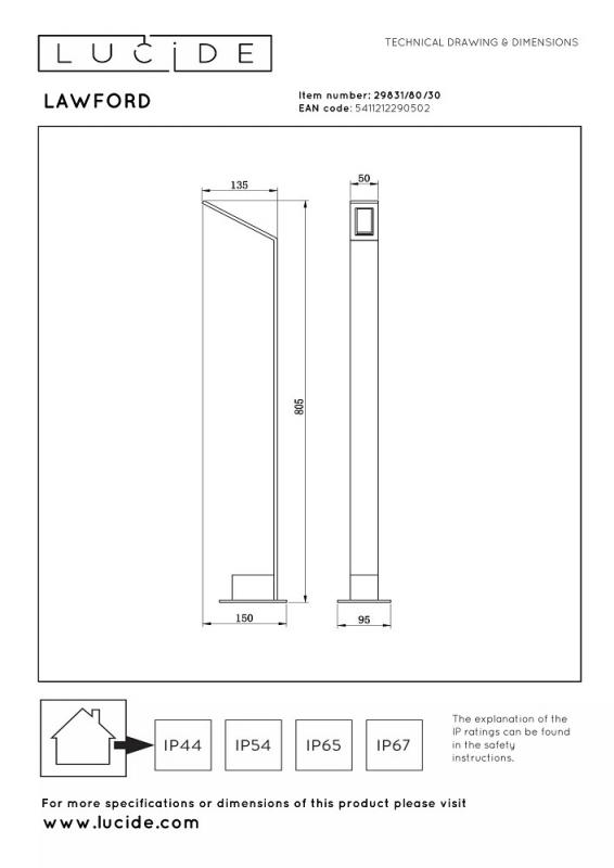 Lucide LAWFORD LED Pollerleuchte Schwarz – 6W, 3000K, IP54, 80,5 cm