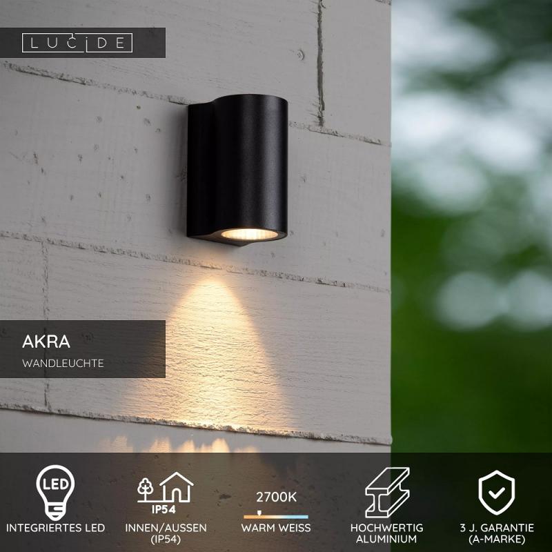 Lucide AKRA Wandleuchte Außen Schwarz LED IP54 Downlight 2700K