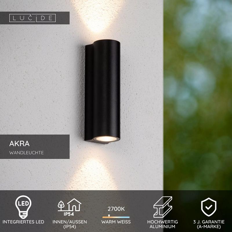 Lucide AKRA Außen-Wandleuchte Schwarz LED 2x6,5W IP54