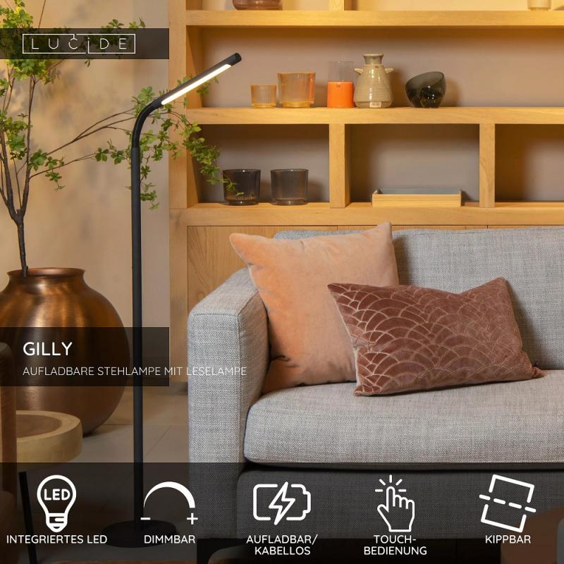 Lucide Stehlampe GILLY – Akku LED Leselampe mit Touchdimmer Schwarz