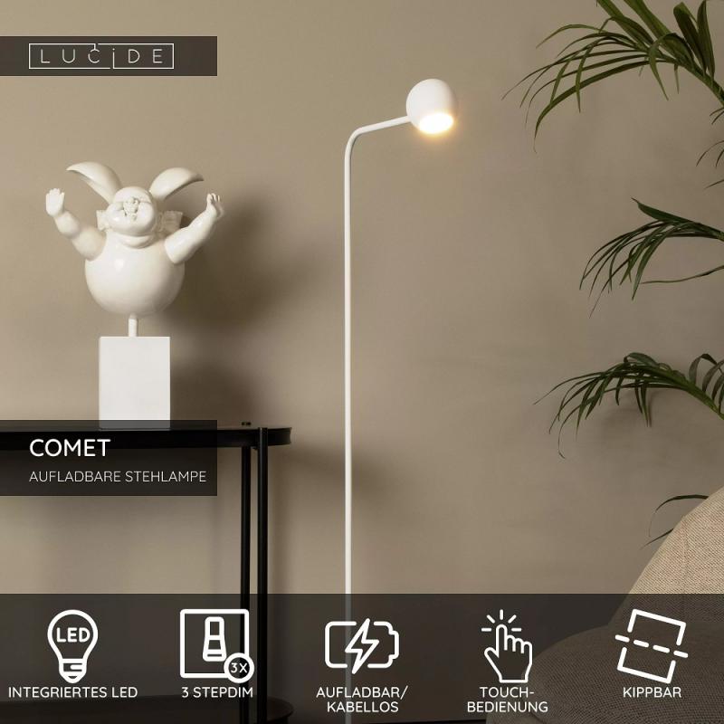 Lucide COMET LED Stehleuchte Akku 138cm 3W 2700K Weiß 3 StepDim