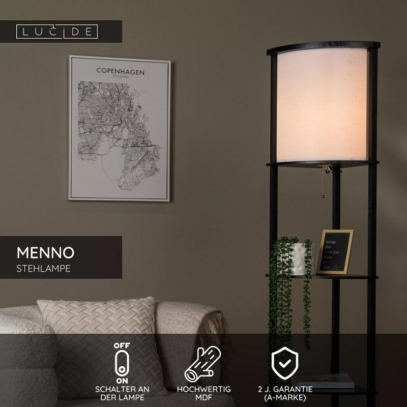 Lucide Stehlampe MENNO – Regal-Stehleuchte im Japandi-Stil mit Zugschalter Schwarz