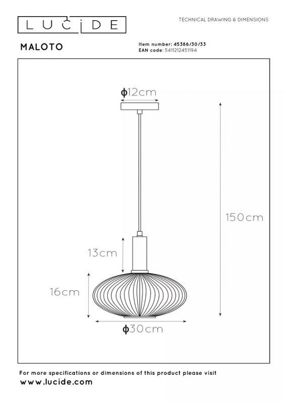 Lucide MALOTO Pendelleuchte Ø30 cm Amber Glas E27 dimmbar Retro
