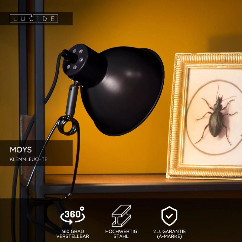 Lucide MOYS Klemmleuchte 1xE27 Schwarz Stahl dreh- und schwenkbar modern