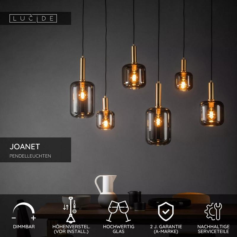 Lucide JOANET Pendelleuchte 6xE27 Rauchglas Grau modern dimmbar