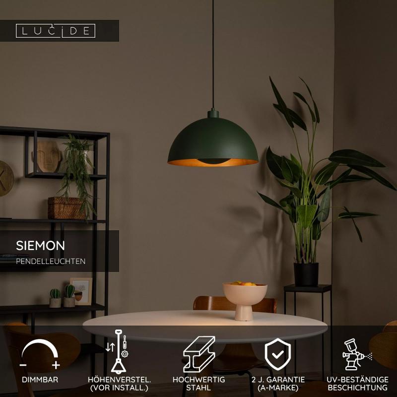 Lucide SIEMON Pendelleuchte Ø40cm E27 Grün 40W Stahl höhenverstellbar dimmbar