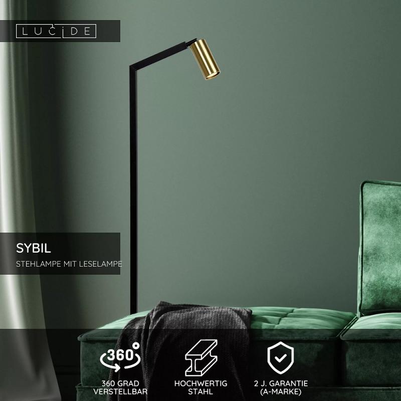 Lucide Stehlampe SYBIL – Stehleuchte mit Leselampe & Messingakzent Schwarz