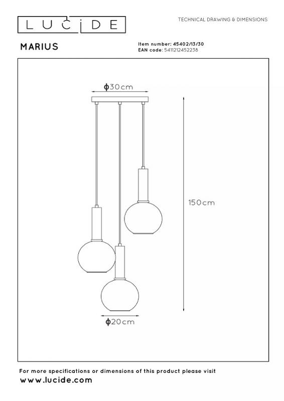 Lucide MARIUS Pendelleuchte Ø48,5cm 3xE27 Schwarz Rauchglas höhenverstellbar