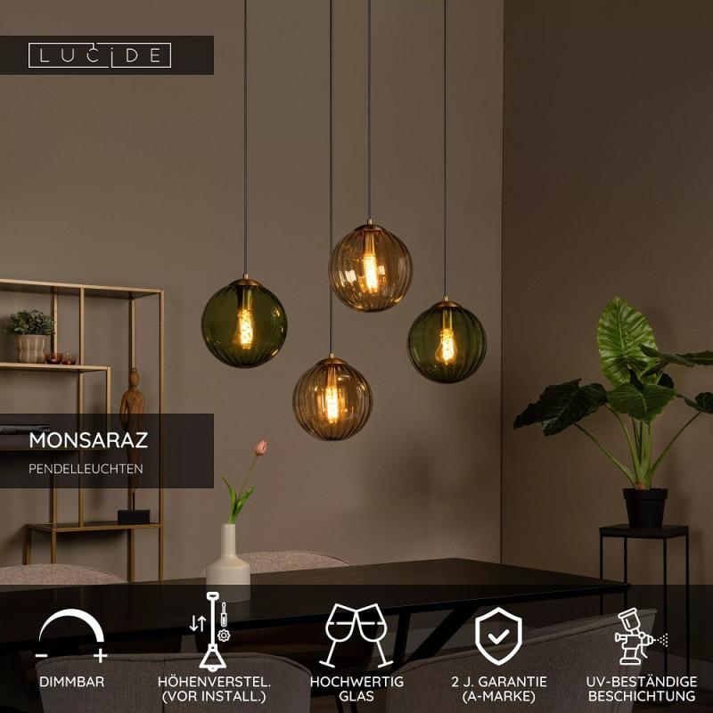 Lucide MONSARAZ Pendelleuchte 4xE27 Grün Glas höhenverstellbar dimmbar