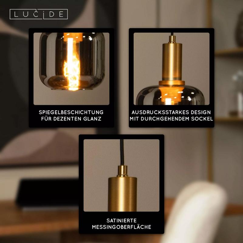 Lucide JOANET Pendelleuchte Ø16 cm E27 Rauchglas Grau Messing