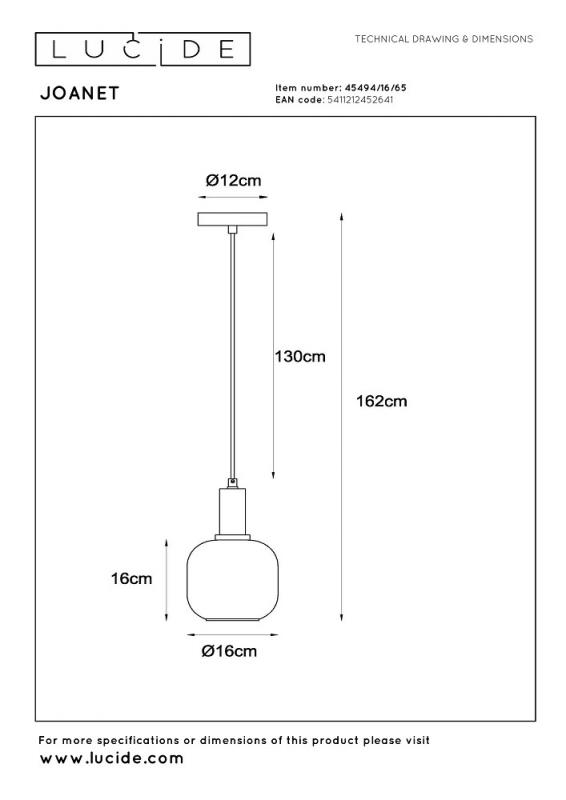 Lucide JOANET Pendelleuchte Ø16 cm E27 Rauchglas Grau Messing